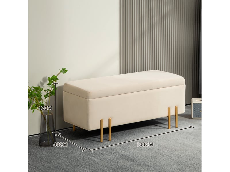  Banc coffre 100x40x42 cm, rangement spacieux, structure bois, pieds métal, polyvalent, meuble entrée, polyester, beige  - Conforama C