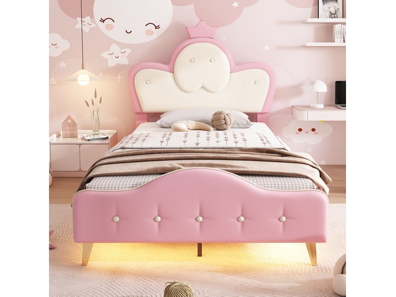  Modenvie lit enfant capitonné 90x200 cm - avec led, tête de lit couronne - pour chambre d'enfant - rose  - Conforama E