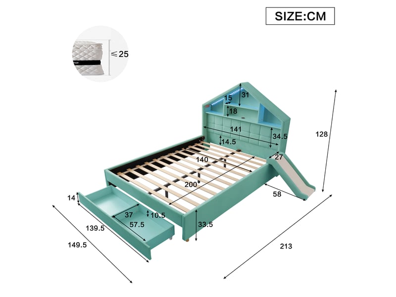  Lit enfant 140 × 200 cm 2 places avec toboggan, led, port de recharge et coffre, sans matelas, velours bleu-vert  - Conforama D