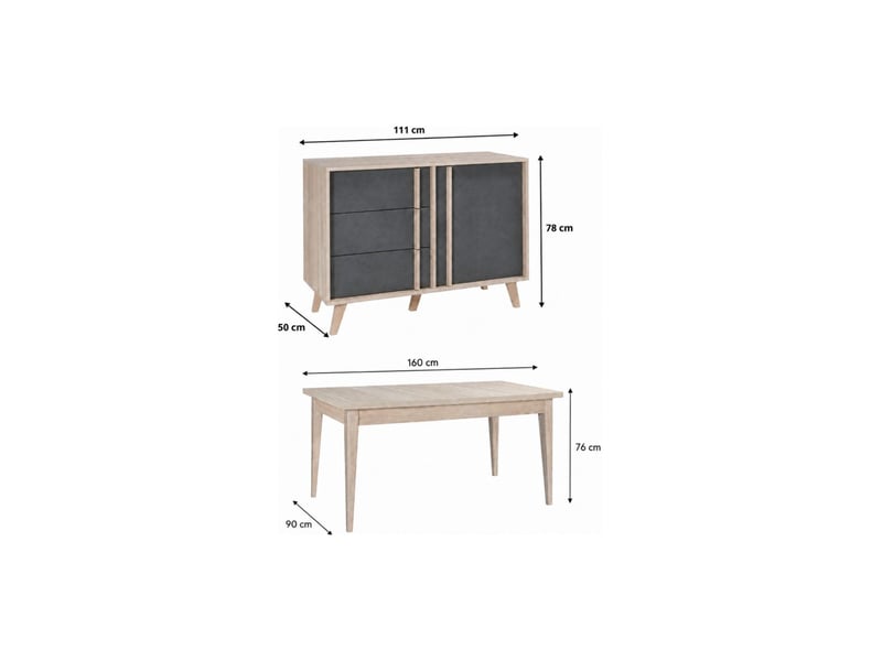  Salle à manger complète malmo avec table 6 places 160cm et buffet haut – chêne clair et gris  - Conforama C