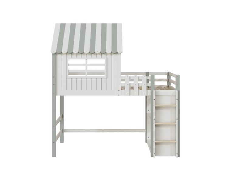  Lit cabane 90x200 cm, avec rangement et lattes, avec échelle et barrière, en bois, vert, sans matelas  - Conforama E