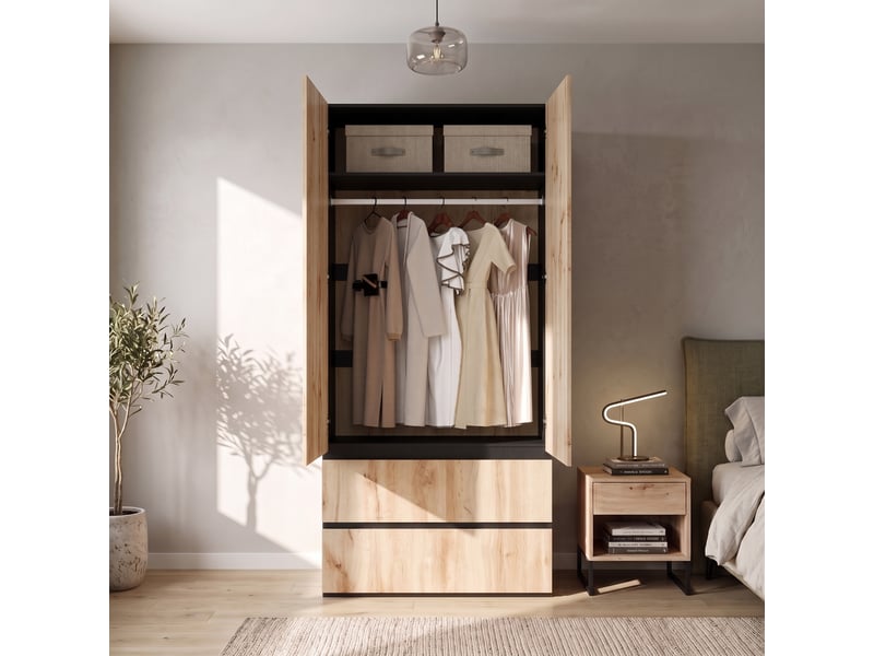  Armoire haute 90 x 50 x 200 cm, 2 portes, 1 tringle à vêtements, 2 tiroirs, design moderne, chêne artisanblanc Bliss Lite - Conforama E