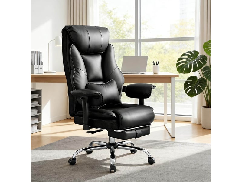  Chaise de bureau ergonomique à dossier haut avec accoudoirs réglables et repose-pieds en pu noir  - Conforama B