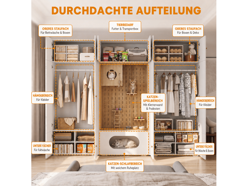  Armoire dressing 270x50x202 cm, 11 compartiments rangement, penderie, panneaux de particules, blanc et aspect bois  - Conforama D