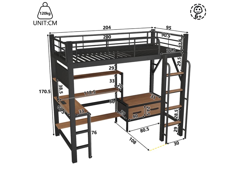  Lit mezzanine tcqpz enfant 90 x 200 cm avec bureau rangement led usb métal mdf noir  - Conforama C