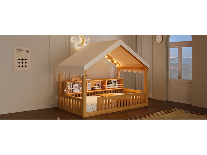  Lit enfant 90 x 200 cm, cadre de lit avec rangement, étagères ouvertes, éclairage led, barrières de sécurité, bois, naturel Morn Vibe - Conforama E