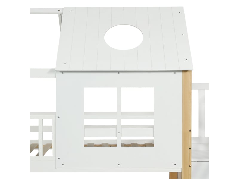  Lit cabane blanc et naturel 90x200 cm en pin et mdf, superposé avec escalier de rangement, fenêtres, toit et barrières  - Conforama E