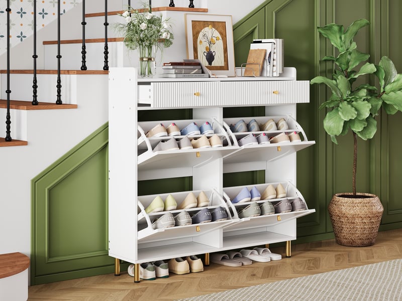  Meuble à chaussures 106.5x25x105.5 cm avec 4 portes battantes et 2 tiroirs, étagère à chaussures, commode à chaussures avec poignées  - Conforama E