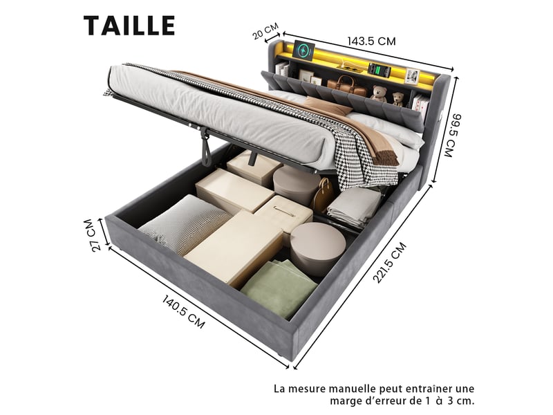 Lit coffre 2 places 140 x 200 cm cm avec led et usb, velours, gris foncé - Conforama C