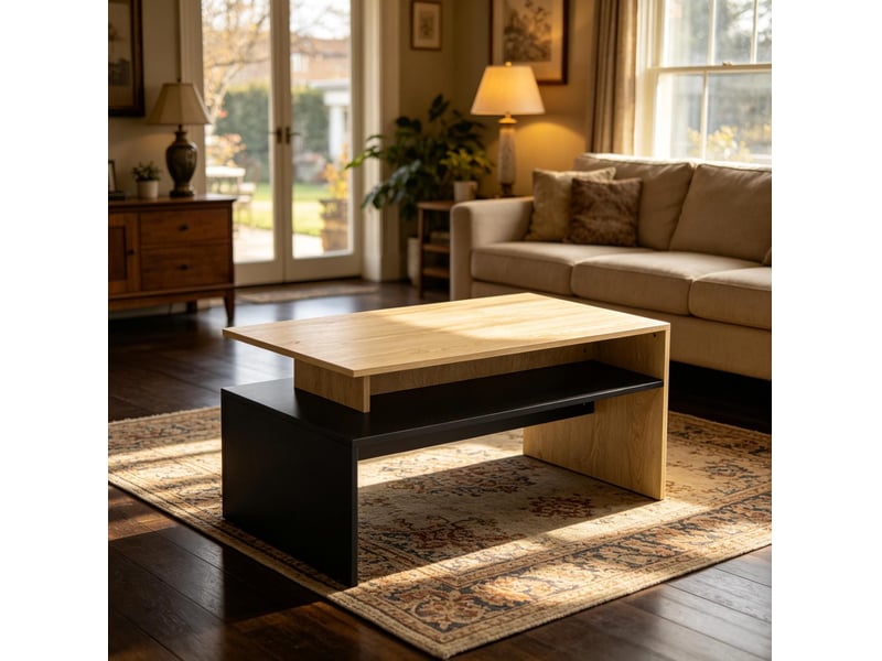Table basse 95x55x50 cm avec étagère ouverte en mdf noir et finition bois naturel - Conforama D