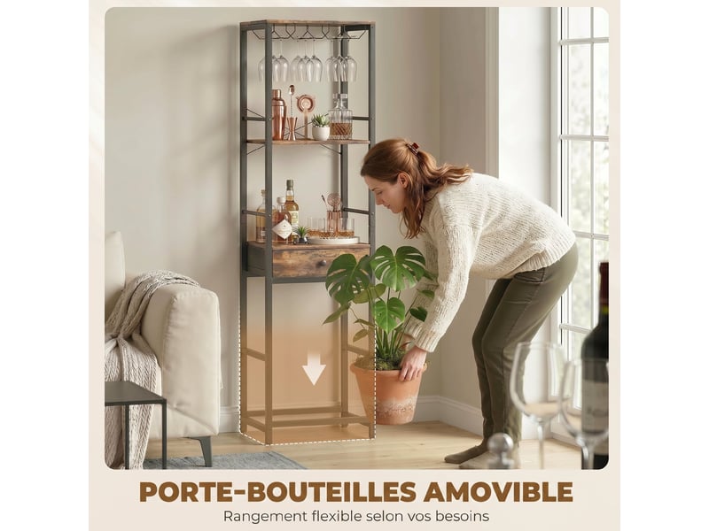  Casier à bouteilles pour 12 bouteilles, casier à vin avec étagère ouverte et tiroir, brun rustique, 40x30x148cm  - Conforama R