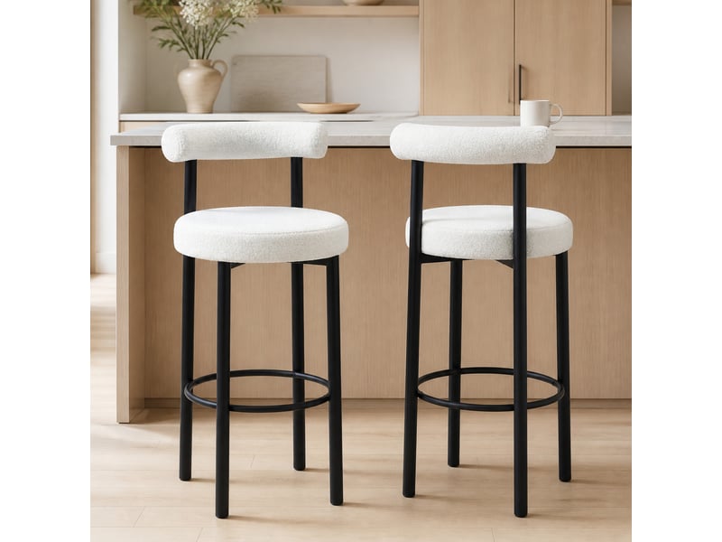  Lot de 2 tabourets de bar, chaises de bar en tissu bouclette avec dossier incurvé, 50x52,5x98cm, repose-pieds, blanc  - Conforama D