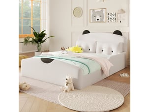 Lit double 140 × 200 cm plateforme avec tête de lit rembourrée ours et 2 coussins, blanc, pour chambre enfant