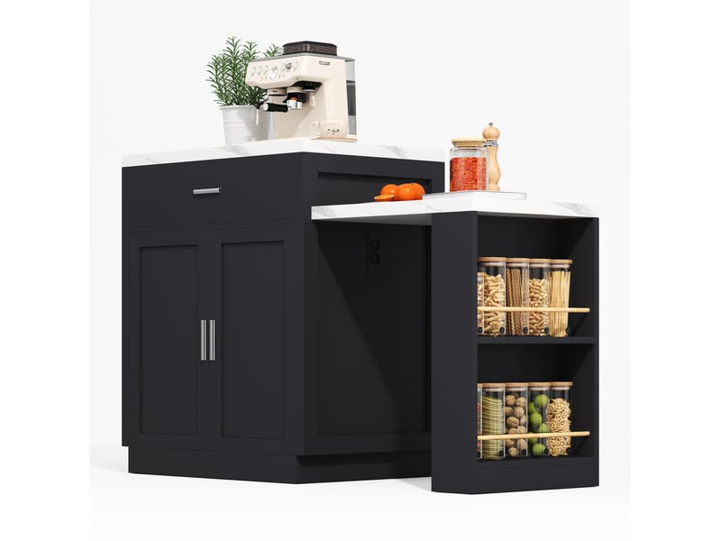  Îlot de cuisine noir avec table extensible 2 à 6 personnes et prises usb  - Conforama A