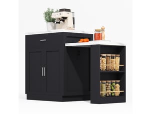Îlot de cuisine noir avec table extensible 2 à 6 personnes et prises usb