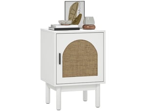 Table de chevet avec porte en rotin, étagère réglable et pieds en bois, style bohème, 40 x 35 x 58 cm, blanche