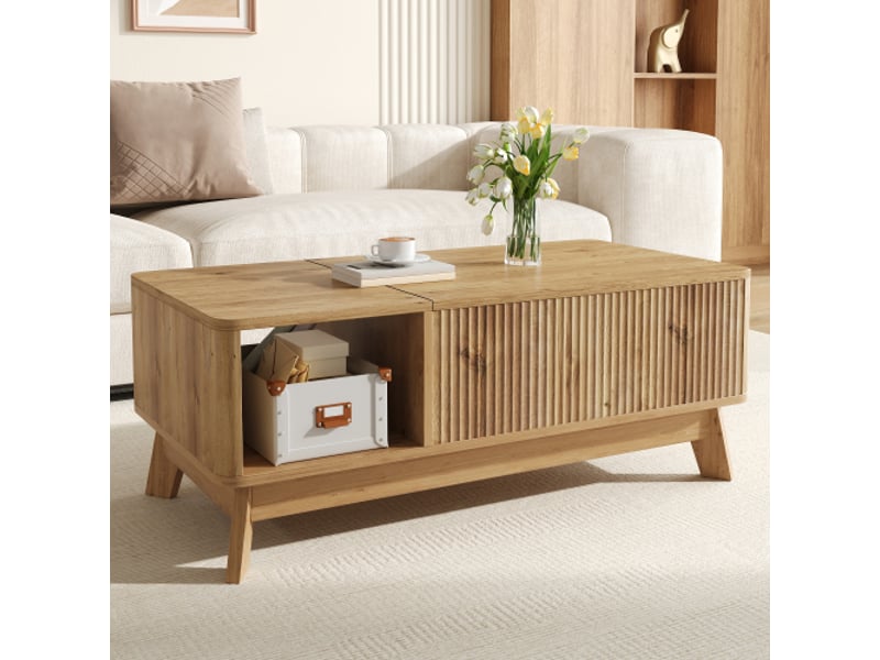  Table basse relevable mdf avec rangement latéral ouvert — effet ondulé, design moderne  - Conforama B