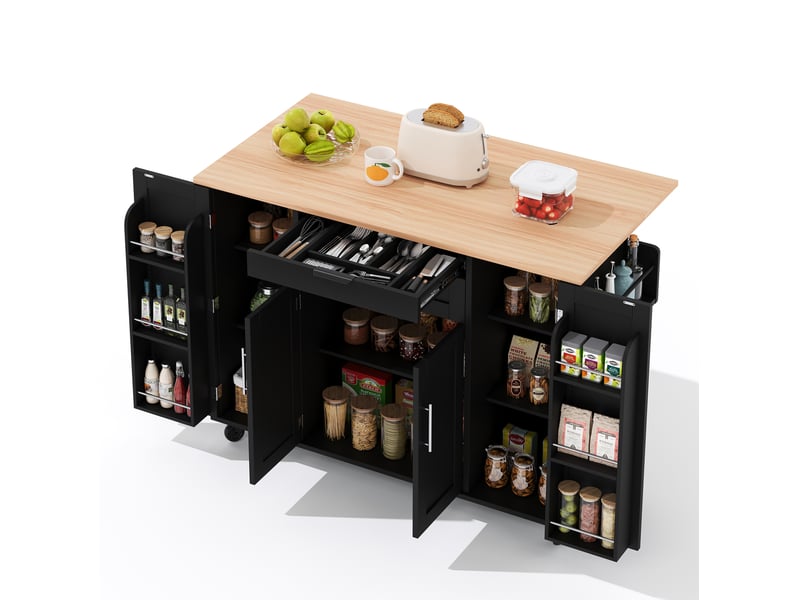 Desserte de cuisine mobile 136x70x92 cm, plateau extensible, noir et naturel - Conforama A