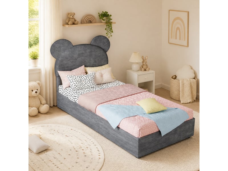 Lit coffre enfant 90x200 cm, tête de lit cartoon, ouverture à vérins, tissu et métal gris, sans matelas - Conforama D