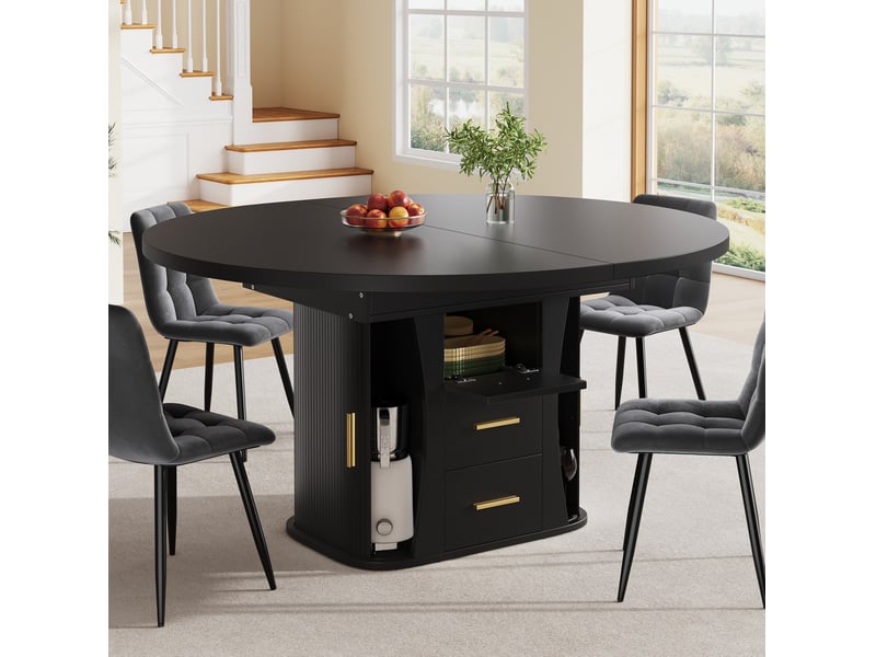Table de salle à manger extensible avec rangement dissimulé et plateau coulissant, en mdf noir, 118 à 158 × 118 × 77 cm - Conforama D