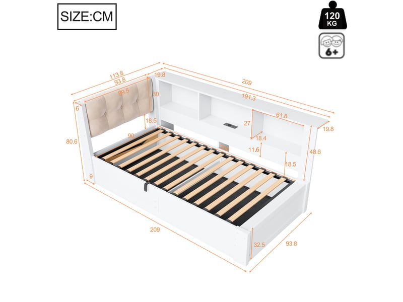  Lit de jour 90x200 cm avec rangement hydraulique - lit banquette en bois avec led, usb et étagères blanc  - Conforama C