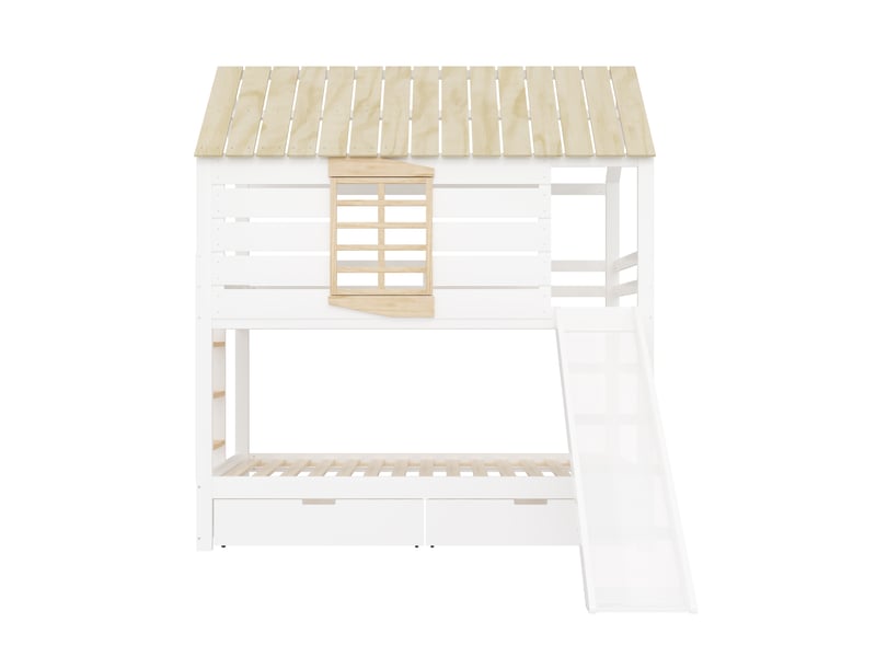 Lit superposé enfant en forme de maison 90x200 cm avec toboggan et 2 tiroirs, blanc et naturel chicfurn - Conforama E