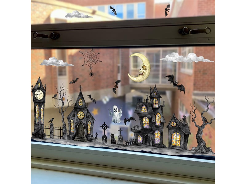  Lot de 2 décalcomanies halloween 20x30cm, motif maison hantée et fantômes – adhérence statique double face, sans colle ni résidu  - Conforama E