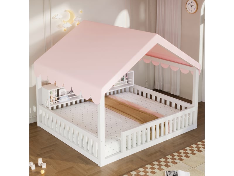  Lit enfant 140 × 200 cm 2 places avec led, étagère et barrières, sans matelas, en mdf et pin, blanc  - Conforama C