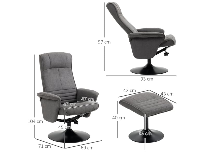  Fauteuil inclinable avec repose-pieds, dossier réglable, 69 cm x 71 cm x 104 cm, gris foncé et noir  - Conforama E