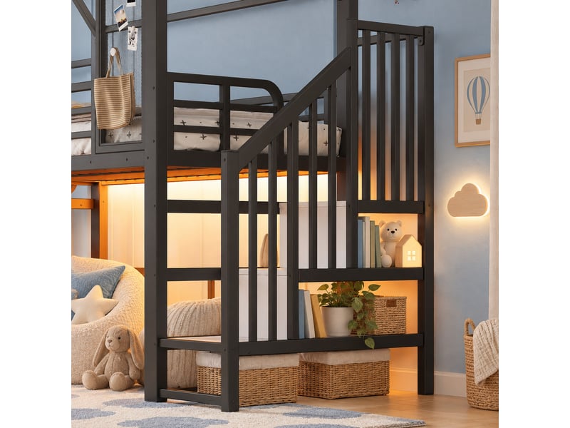  Lit mezzanine 140x200cm avec toboggan et échelle,cabane,design clôture,certifié en747-1,noir  - Conforama E