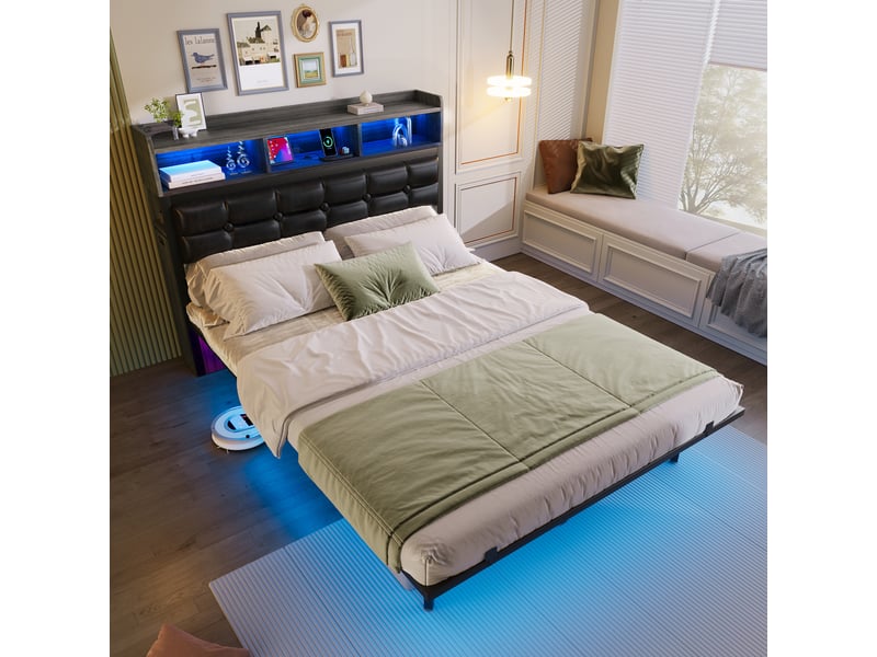  Lit 140x190 cm gris avec tête de lit, 2 chevets intégrés, rangements, usb et led, sommier inclus  - Conforama E