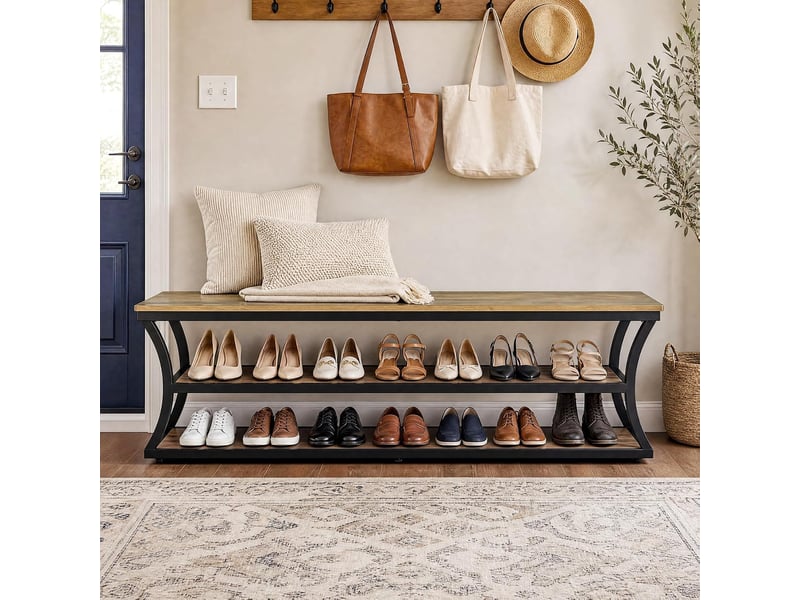  Banc d'entrée de 160 cm de long, banc à chaussures industriel extra-long à 3 niveaux avec structure en métal, étagère à chaussures ouverte offrant un grand espace de rangement pour l'entrée ou le couloir.  - Conforama E