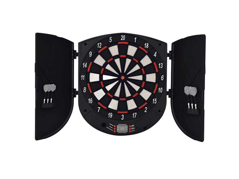  Cible de fléchettes électronique, jusqu'à 8 joueurs, tableau de score, portes latérales, écran lcd. 26 jeux, 44 x 4,4 x 50 cm, noir  - Conforama A