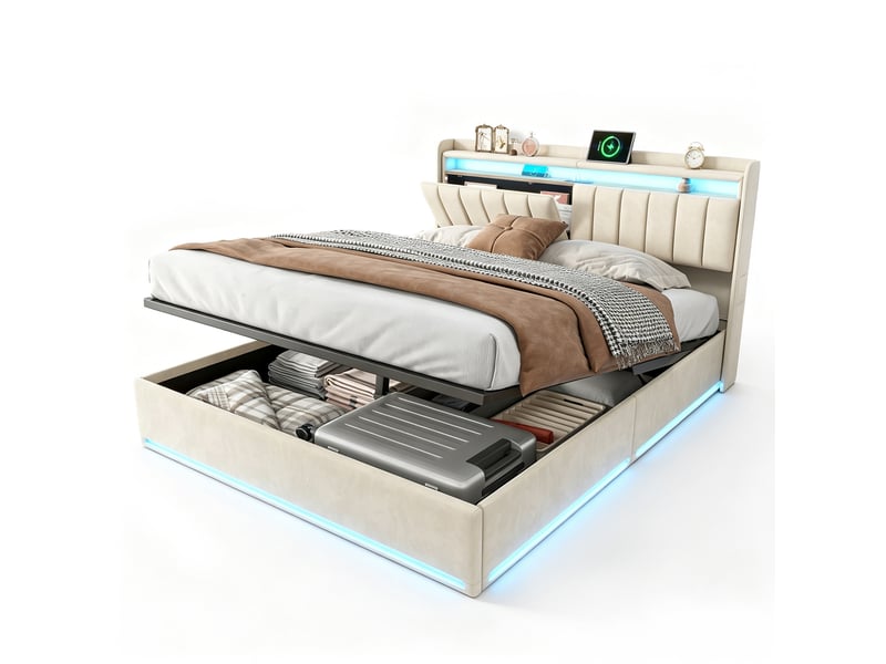 Lit coffre 140x190 cm avec éclairage led et port usb, lit adulte avec tête de lit avec rangement, lits 2 personnes, velours, beige - Conforama A