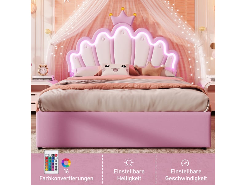 Lit enfant 140x200 cm avec led, tiroirs, sommier et tête réglable, lit princesse, pu rose, sans matelas - Conforama D