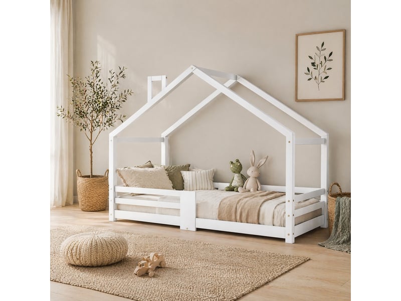  Lit cabane enfant 90x200 cm avec barrières de sécurité et sommier - blanc  - Conforama B