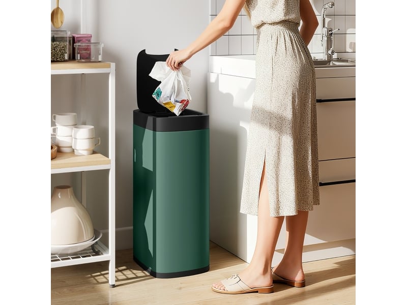  Poubelle de cuisine à capteur 50 l en métal vert, ouverture sans contact et finition anti-traces de doigts  - Conforama B