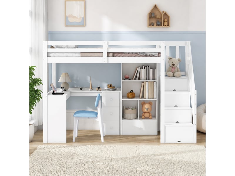 Lit mezzanine enfant 90x200 cm avec bureau, tiroirs et escalier de rangement blanc - Conforama C