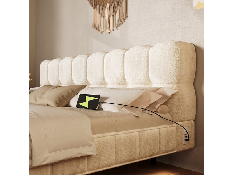  Lit coffre 180x200 cm avec rangement hydraulique, led, usbtype-c, sommier à lattes, design bubble en chenille, beige, sans matelas  - Conforama E