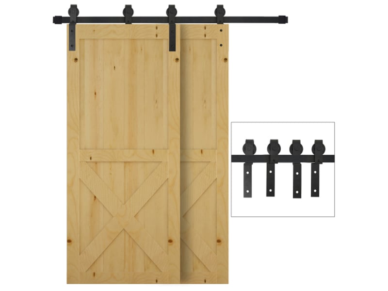  Système de porte coulissante pour porte en bois en acier carbone noir avec rail et 9 accessoires, kit de ferrure moderne pour intérieur  - Conforama E