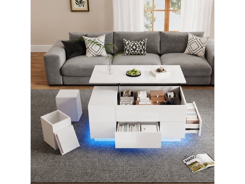  Table basse relevable blanche 100 x 50 x 45 cm, led, 2 tiroirs et 2 poufs, blanc  - Conforama D