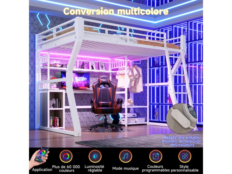  Lit mezzanine 140 × 200 cm 2 places avec led réglable, prise, bureau et rangement, sans matelas, métal blanc  - Conforama B