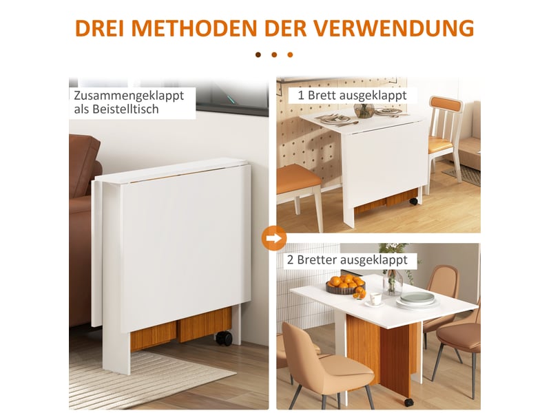 Table de salle à manger pliante mobile avec plateau rabattable et roulettes en contreplaqué blanc décor bois brun - Conforama E