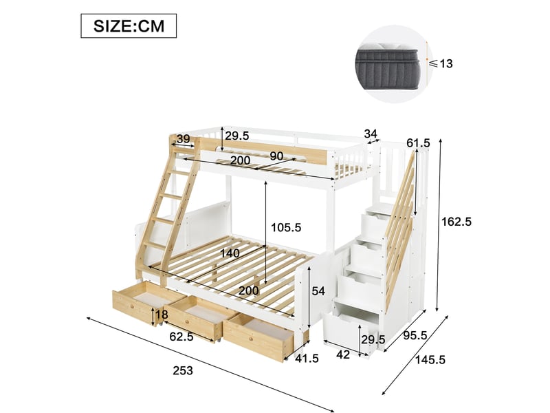 Lit superposé 90 × 200 cm et 140 × 200 cm 3 places avec escalier de rangement et 3 tiroirs, sans matelas - Conforama D