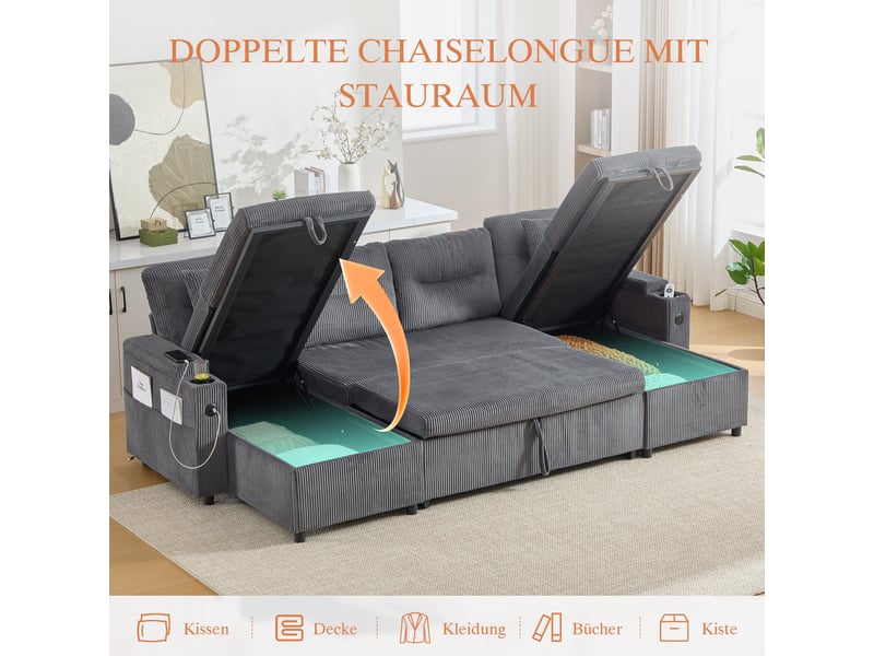 Canapé convertible 272x136x86 cm - extensible - 4 places - usb et usb-c - grand rangement - porte-gobelets - velours côtelé - gris anthracite CozyNest - Conforama E