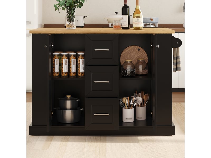  Desserte de cuisine à roulettes avec 3 tiroirs et plan rabattable en mdf 120×70×90 cm noir  - Conforama C