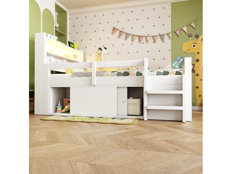  Lit enfant 90x200 cm avec rangements, led et ports usb, blanc  - Conforama D