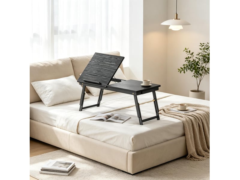 Table de lit pliable pour ordinateur portable en bambou noir, hauteur réglable et plateau inclinable 30° à 60°  - Conforama E