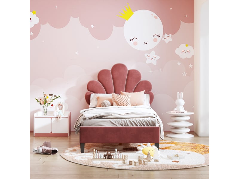  Modenvie lit enfant capitonné 90x200 cm - tête de lit fleur en velours, sommier inclus, sans matelas - rouge  - Conforama D