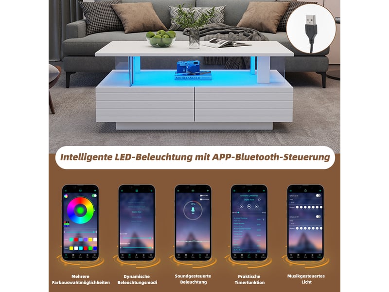  Table basse blanche led 100x50x35 cm – double plateau avec rangement, contrôle via appli, design moderne  - Conforama E